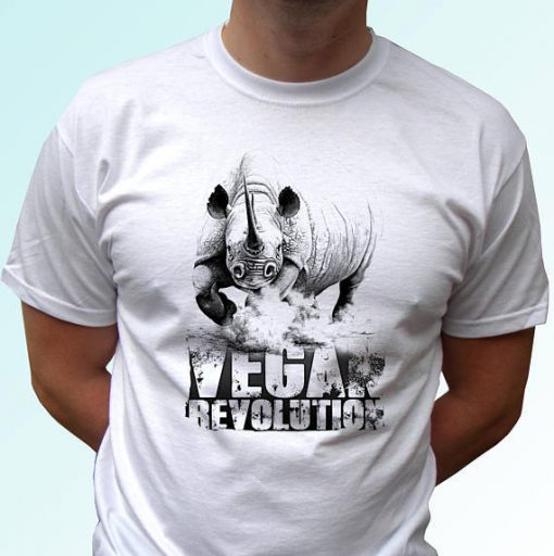 Vegan Rhino Revolution - white t shirt top tee design art - mens, womens, kids, baby sizes