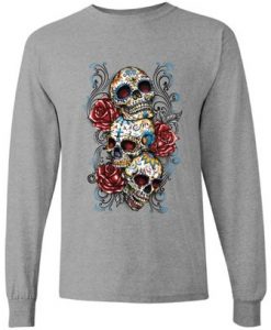 Skull Long Sleeve Tee Tops for Men Sugar Skull T shirts Shirts Sugar Skulls Red Roses Day of the Dead Gift