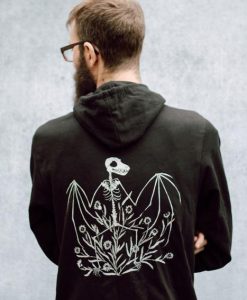 Bat Skeleton and Chicory Black Zip Up Screen Print Punk Fleece Hoodie