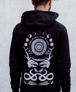 Rabbit Skull Antler Black Zip Up Screen Print Punk Moon Phase Fleece Hoodie