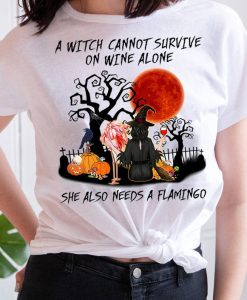 A Witch Cannot Survive On Wine Alone She Also Needs A Flamingo Blood Moon Halloween T-shirt