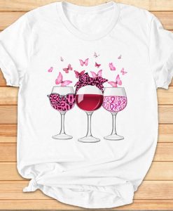 Breast Cancer Wine Leopard Print Butterfly Ribbon Breast Cancer Awareness T-shirt