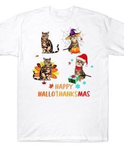 Happy Hallothanksmas Cute Halloween Thanksgiving Christmas Cat T-shirt