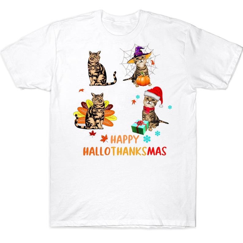 Happy Hallothanksmas Cute Halloween Thanksgiving Christmas Cat T-shirt