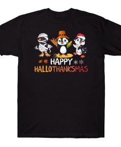 Happy Hallothanksmas Cute Halloween Thanksgiving Christmas Penguin T-shirt