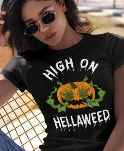 High On Hellaweed Funny Halloween Pumpkin Smoking Cannabis Marijuana Weed T-shirt