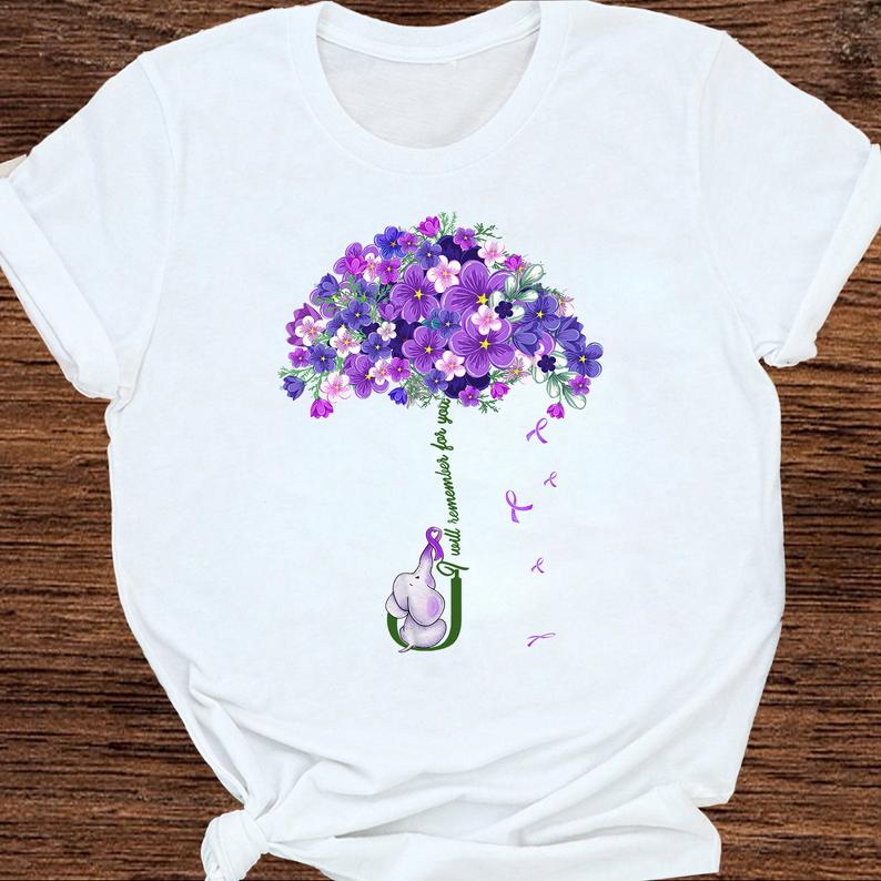 I Will Remmember For You Elephant Purple Flower Alzheimer Awareness Support Tshirt Gift