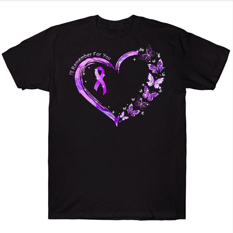 I'll Rember For You Butterfly Heart Purple Ribbon Alzheimer's Awareness T-shirt