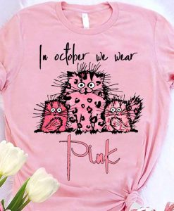 In October We Wear Pink Leopard Fluffy Cat Breast Cancer Awareness Month T-shirt