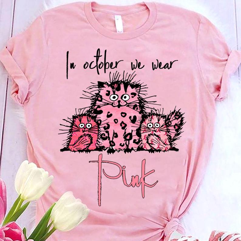 In October We Wear Pink Leopard Fluffy Cat Breast Cancer Awareness Month T-shirt