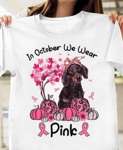 In October We Wear Pink Leopard Pumpkin Sunflower Dachshund Breast Cancer Awareness T-shirt