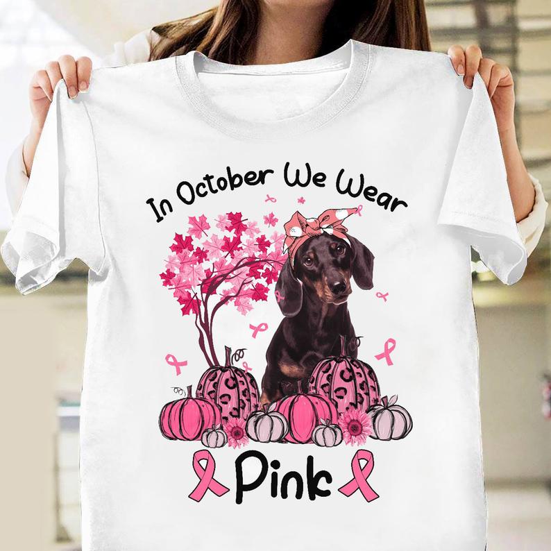 In October We Wear Pink Leopard Pumpkin Sunflower Dachshund Breast Cancer Awareness T-shirt