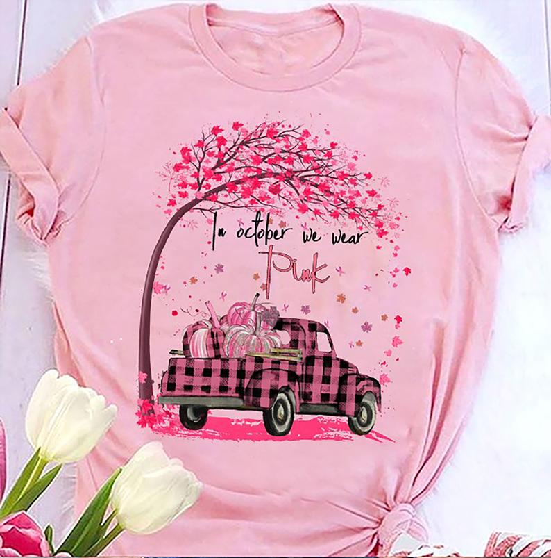 In October We Wear Pink Pumpkin Truck Under Tree Breast Cancer Awareness T-shirt