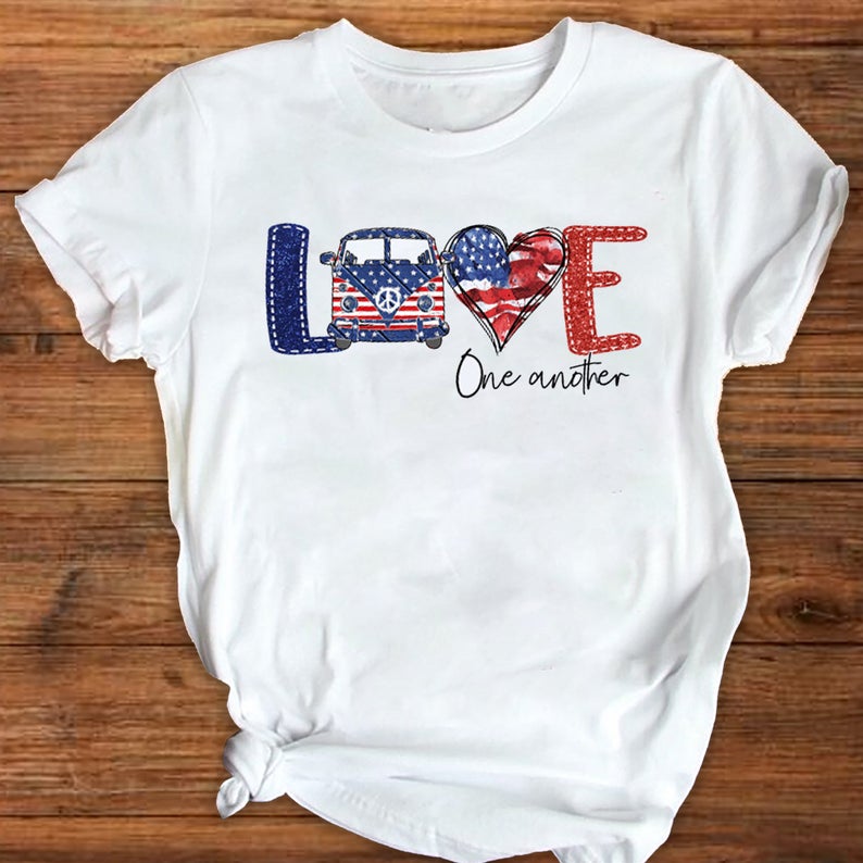 Love One Another Peace Love Bus American Flag 4th of July T-shirt