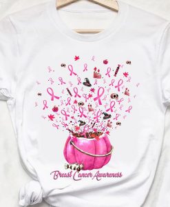 Pink Ribbon Pumpkin Witch Hat Candy Halloween Breast Cancer Awareness T-shirt