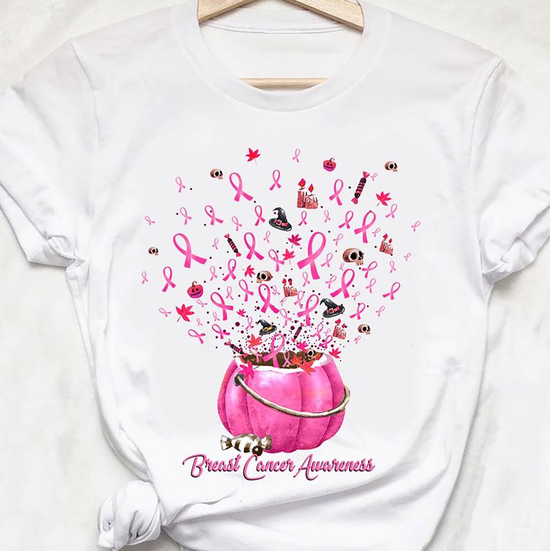 Pink Ribbon Pumpkin Witch Hat Candy Halloween Breast Cancer Awareness T-shirt
