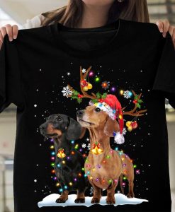 Santa Reindeer Dachshund Xmas Lights Merry Christmas T-shirt