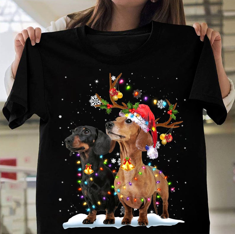 Santa Reindeer Dachshund Xmas Lights Merry Christmas T-shirt