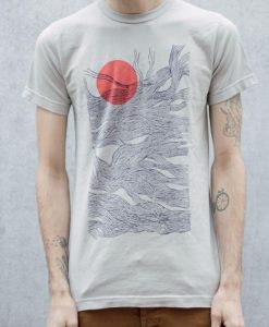 Sun and Waves Abstract Screen Printed Grey T-Shirt