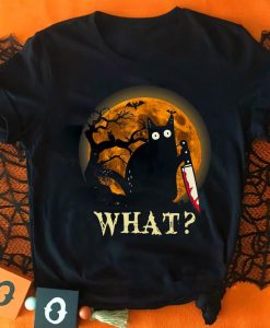 What Funny Black Cat With Knife Halloween T-shirt