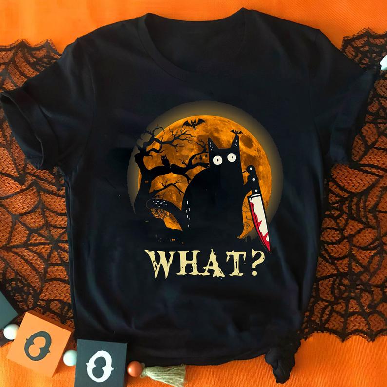 What Funny Black Cat With Knife Halloween T-shirt