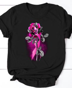 Womens Flower Rose Pink Ribbon Breast Cancer Awareness T-shirt