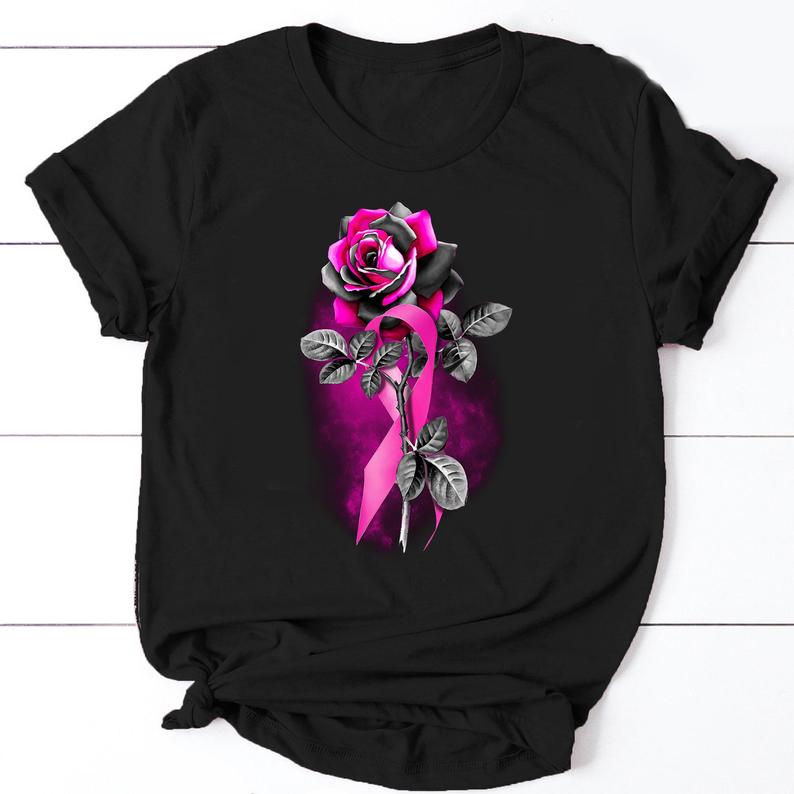 Womens Flower Rose Pink Ribbon Breast Cancer Awareness T-shirt