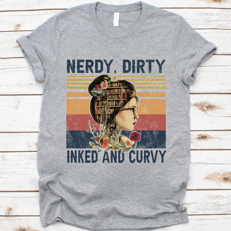 Womens Nerdy Dirty Inked Curvy Vintage Tattoo Reading Book Lovers T-shirt