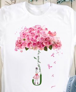 Womens Never Give Up Pink Rose Breast Cancer Awareness T-shirt