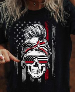 Womens Skull Lady American Flag Firefighter T-shirt Funny Gift