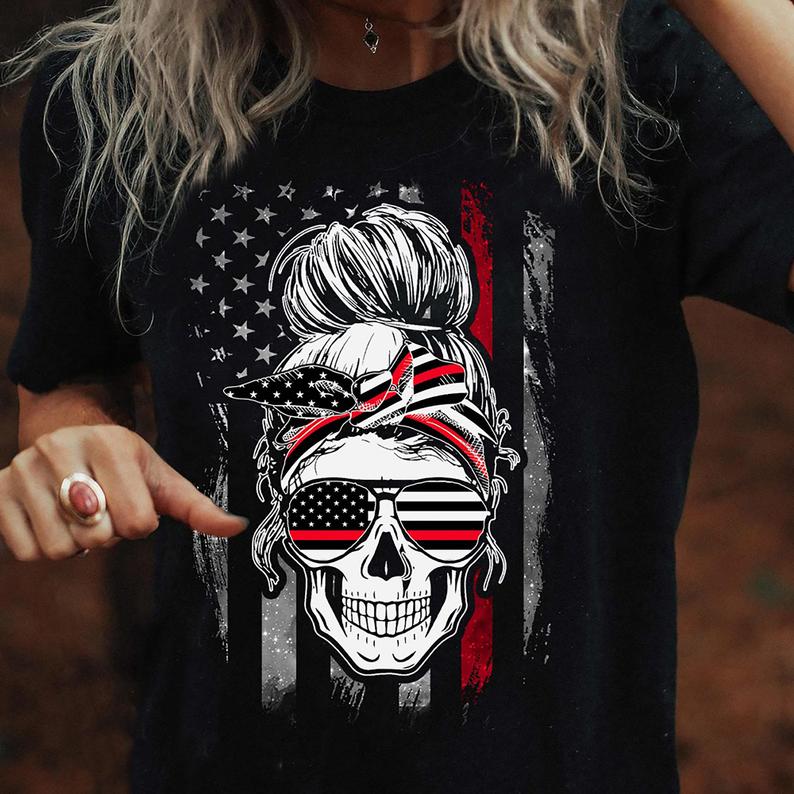 Womens Skull Lady American Flag Firefighter T-shirt Funny Gift