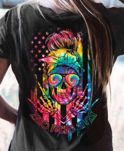Zero Fucks Given American Flag Colorful Tie Dye Skull Lady T-shirt