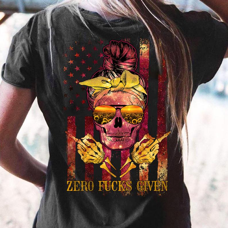 Zero Fucks Given Colorful American Flag Sunflower Sunglasses Skull Lady Gift Shirt