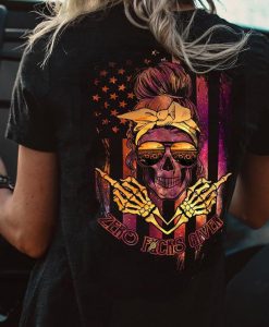 Zero Fucks Given Colorful American Flag Sunflower Sunglasses Skull Lady T-shirt