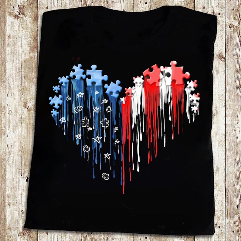 American Flag Autism Puzzle Pieces 4th of July T-shirt