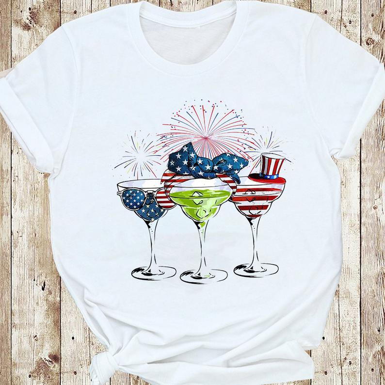 American Margarita Wine Glasses USA Flag 4th of July T-shirt