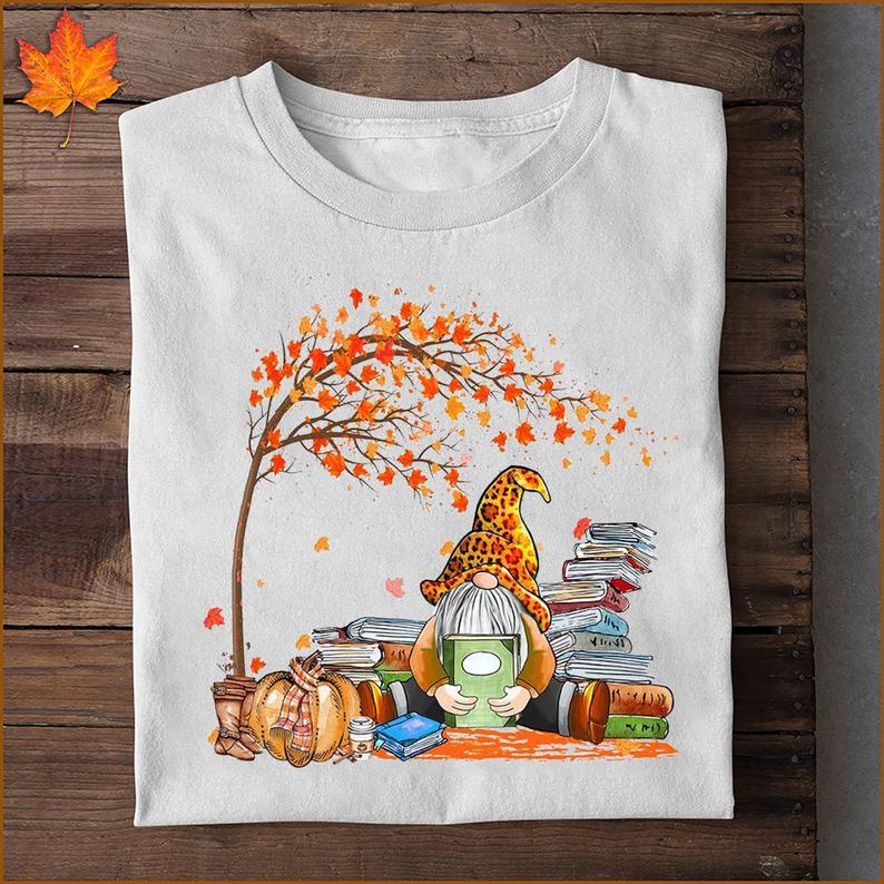 Books Lover Ghnomes Reader Fall Autumn Maple Leaf Bookaholic Tshirt