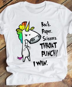 Cute Angry White Pink Unicorn Cartoon Rock Paper Scissors Throat Punch I Win Classic T-Shirt