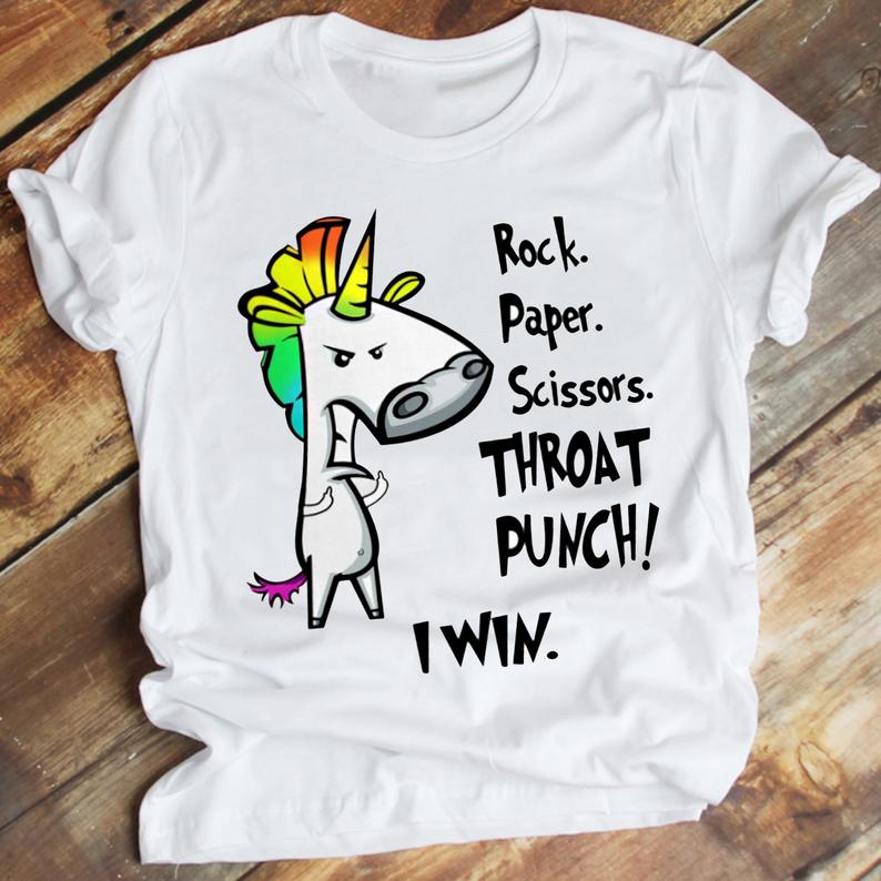 Cute Angry White Pink Unicorn Cartoon Rock Paper Scissors Throat Punch I Win Classic T-Shirt