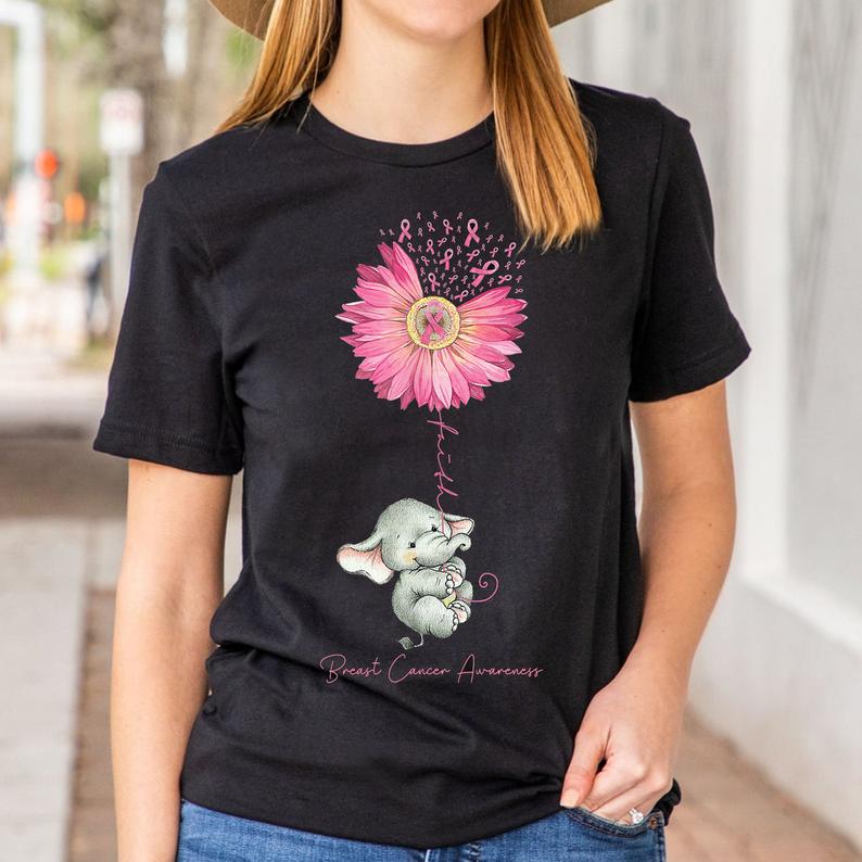 Faith Cute Elephant With Daisy Ribbon Breast Cancer Awareness T-shirt