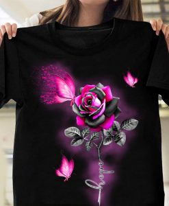 Faith Hope Love Pink Butterfly With Rose Breast Cancer Awareness T-shirt