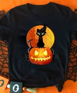 Halloween Pumpkin Black Cat Standing On Grave Kitty Owner Lover Tshirt