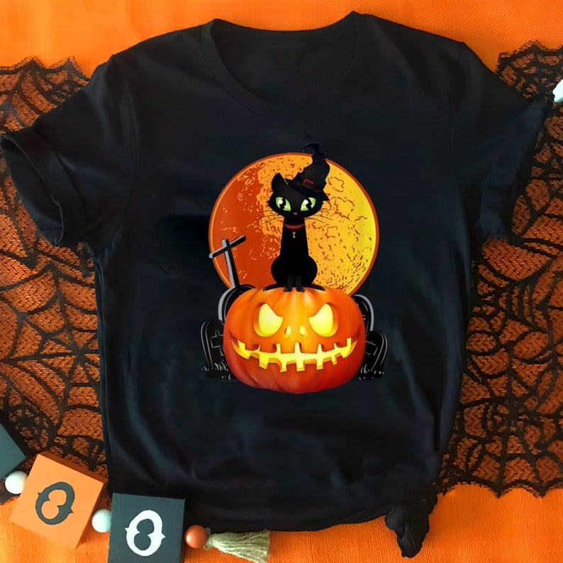 Halloween Pumpkin Black Cat Standing On Grave Kitty Owner Lover Tshirt