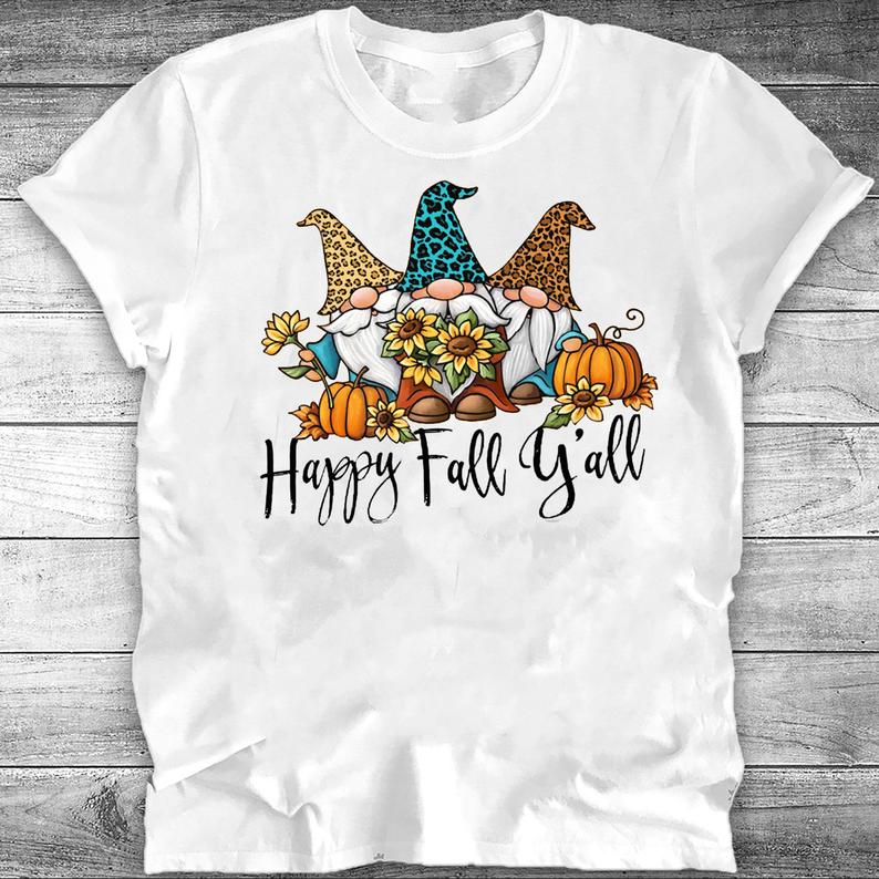 Happy Fall Y'all Funny Garden Gnomies Leopard Print Sunflower T-shirt