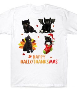 Happy Hallothanksmas Cute Halloween Thanksgiving Christmas Black Cat T-shirt