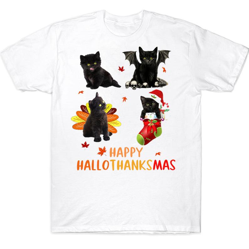 Happy Hallothanksmas Cute Halloween Thanksgiving Christmas Black Cat T-shirt