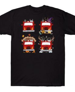 Happy Hallothanksmas Funny Halloween Thanksgiving Christmas Fire Truck Firefighter T-shirt