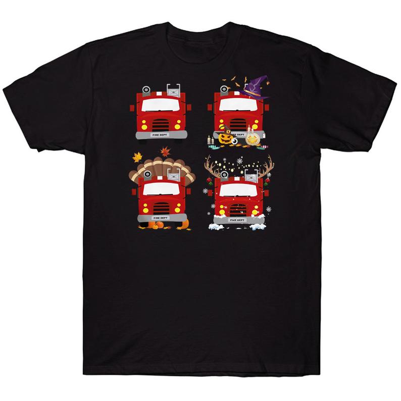 Happy Hallothanksmas Funny Halloween Thanksgiving Christmas Fire Truck Firefighter T-shirt