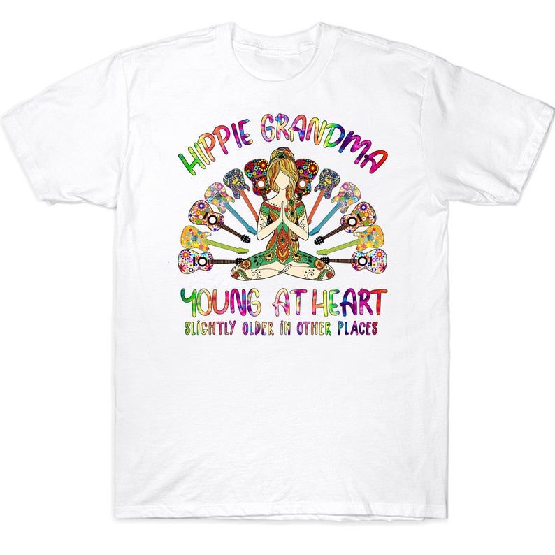 Hippie Grandma Young At Heart Slightly Older In Other Places Hippie Guitar Yoga Lady T-shirt