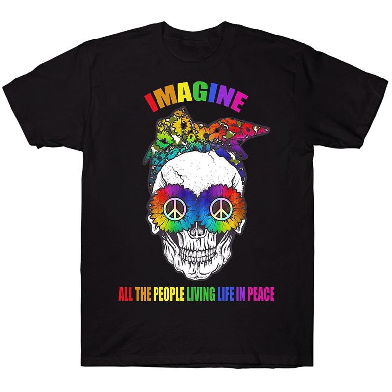 Imagine All The People Living Life In Peace Rainbow Hippie Sunflower Skull LGBT T-shirt